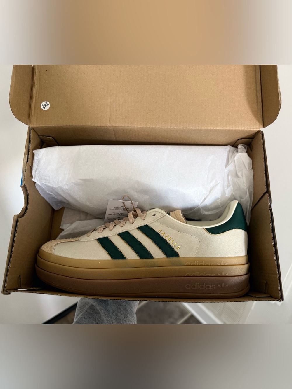 BRAND NEW adidas Gazelle Platform Sneakers Cream with Dark Green Stripes
